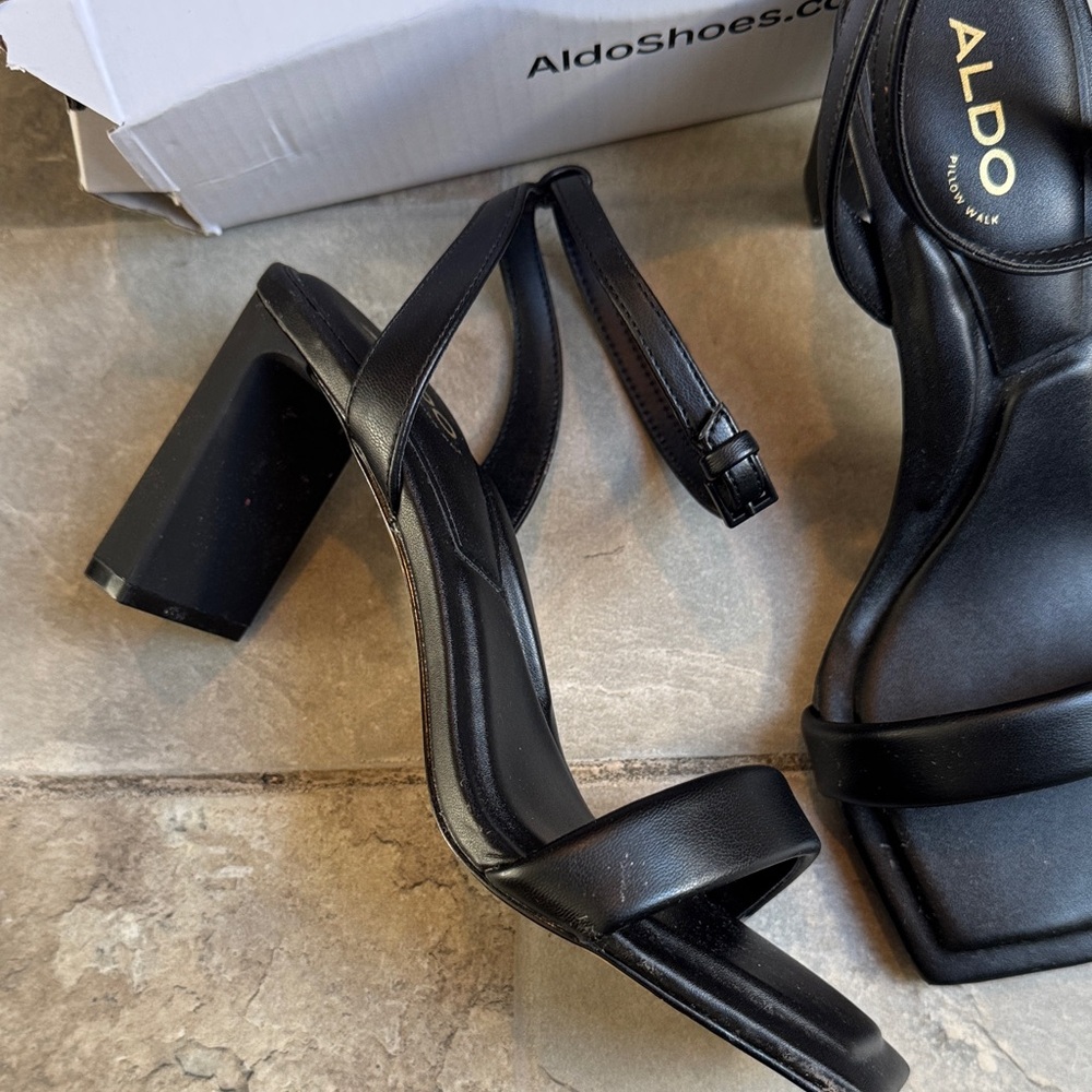 ALDO Black Strappy Square-Toe Ankle Strap Heels - Picture 3 of 7